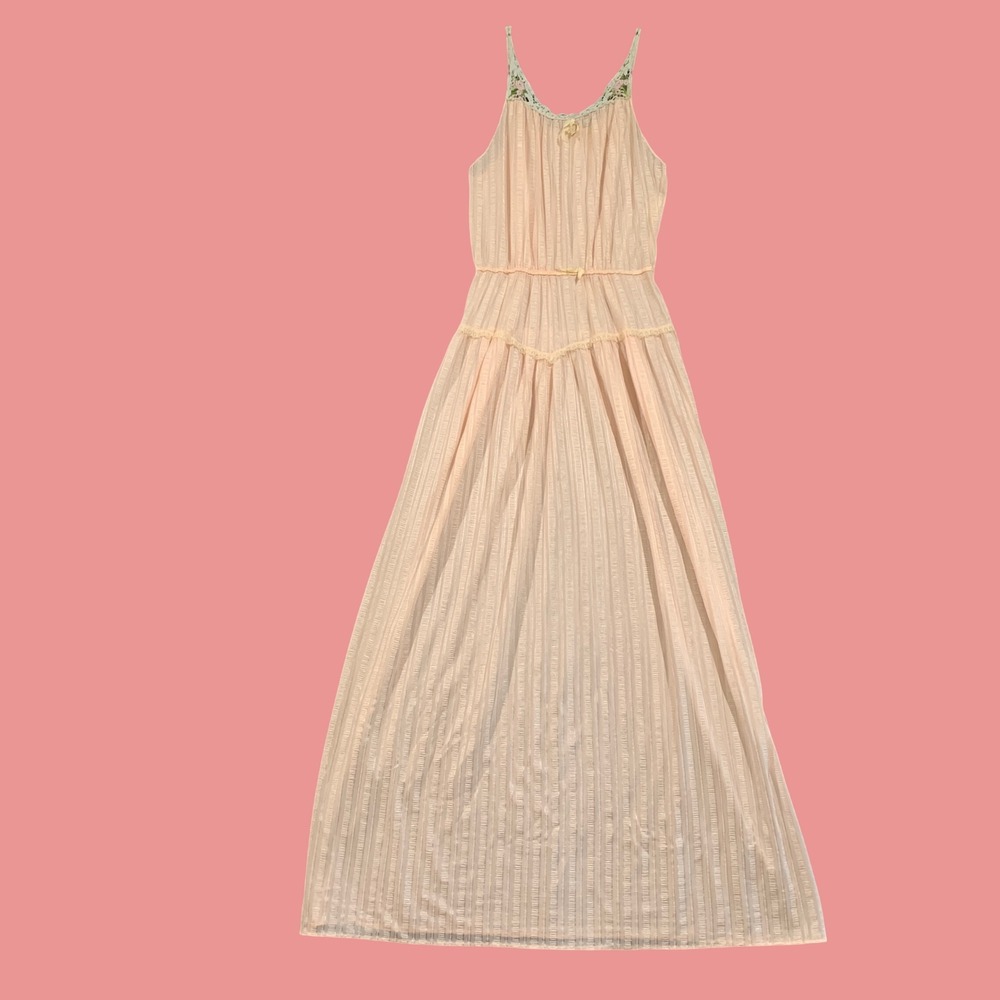 Danielle Nightgown Dress S Sheer Pink Lace Floral Pleated Maxi Vintage Fairycore